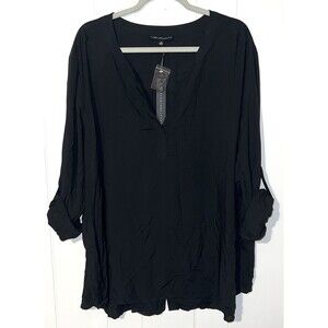 Jane + Delaney Black Top Women’s Size 3x V-Neck Roll up Sleeves Buttons On Back